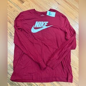 Nike Men's Red Long-Sleeve Crew Tee with White Swoosh